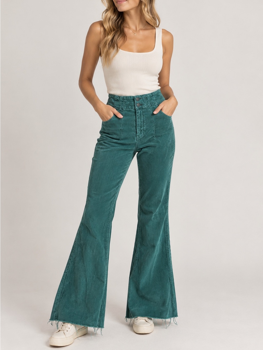 Free People We The Free Teal High-Waist Flared Corduroy Pants
